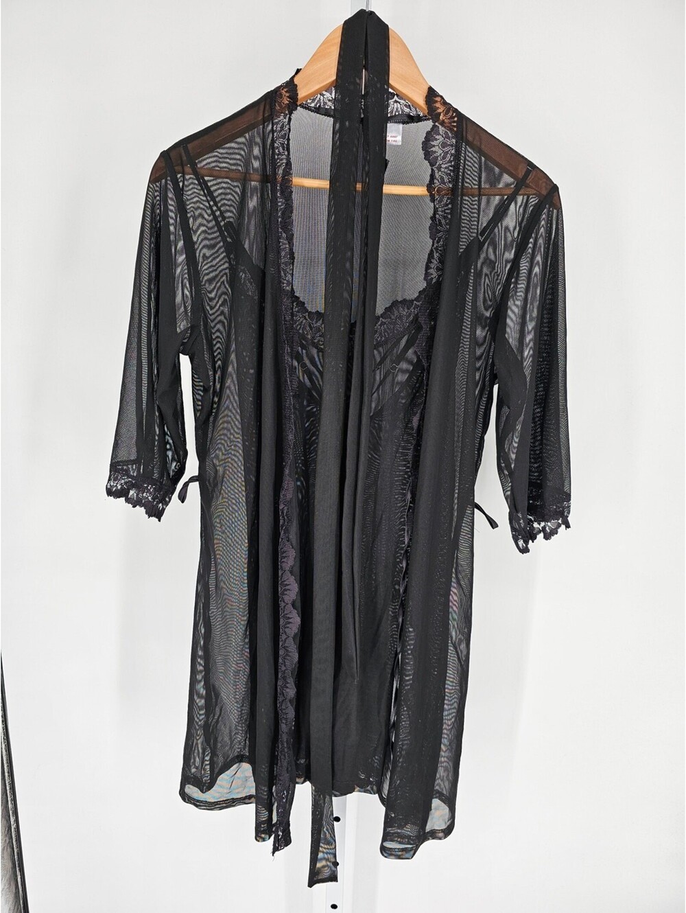 Vintage Y2K Dreamgirl Semi Sheer Black Robe and Nightie Set Mesh and Lace